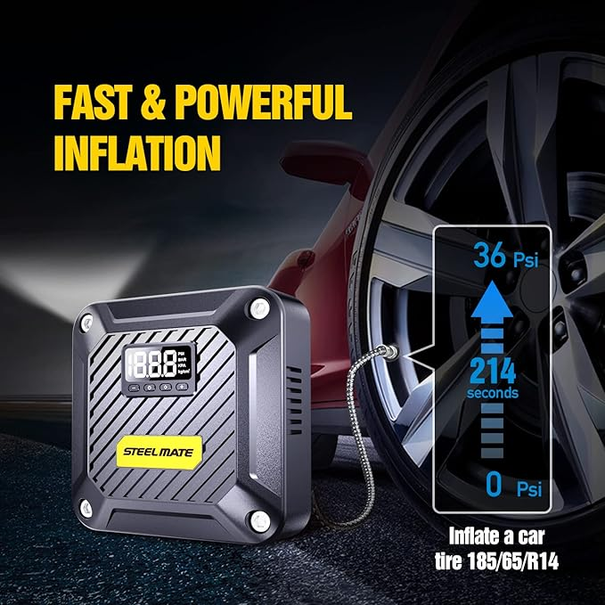 STEELMATE T5 – Compresseur d'Air Portable 12V | Gonflage Rapide & Précis avec LED d'Urgence
