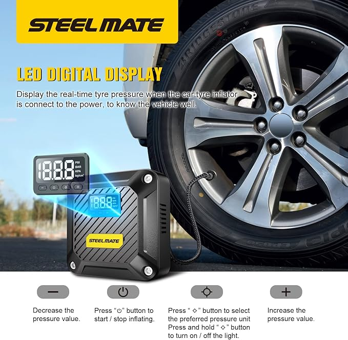 STEELMATE T5 – Compresseur d'Air Portable 12V | Gonflage Rapide & Précis avec LED d'Urgence