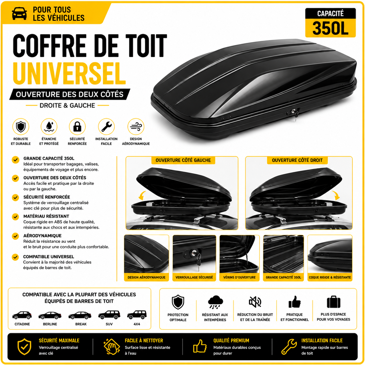 Coffre de toit universel 350L – Ouverture des deux côtés