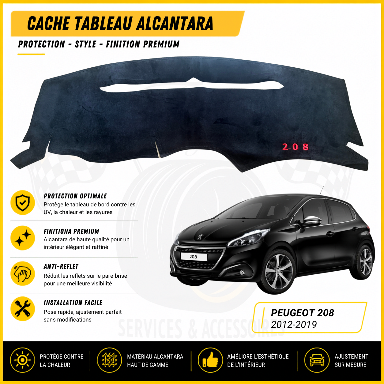 Cache tableau de bord Alcantara – Peugeot 208 2012–2019