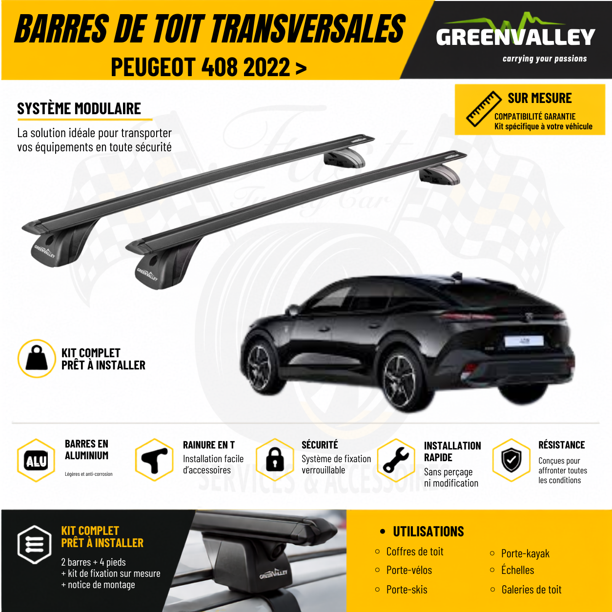 Barres de toit transversales Green Valley noir pour Peugeot 408 2022 >
