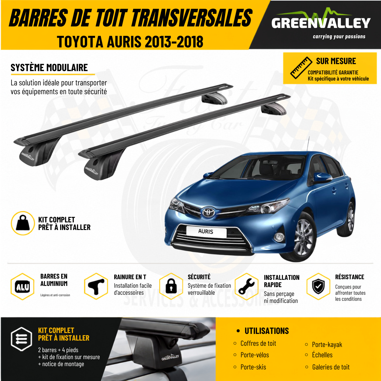 Barres de toit transversales Green Valley noir pour Toyota Auris 2013-2018