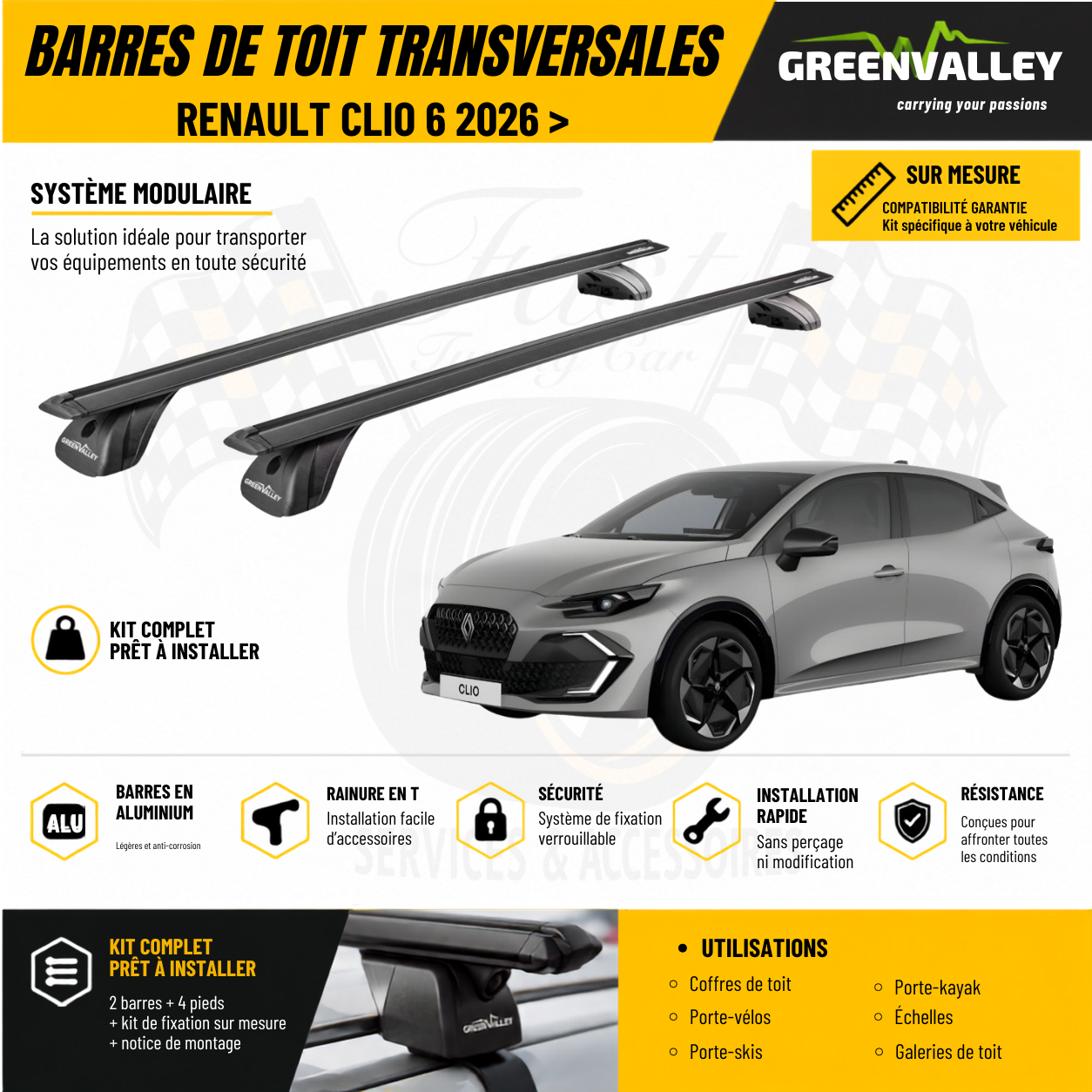 Barres de toit transversales Green Valley noir pour Renault Clio 6 2026 >