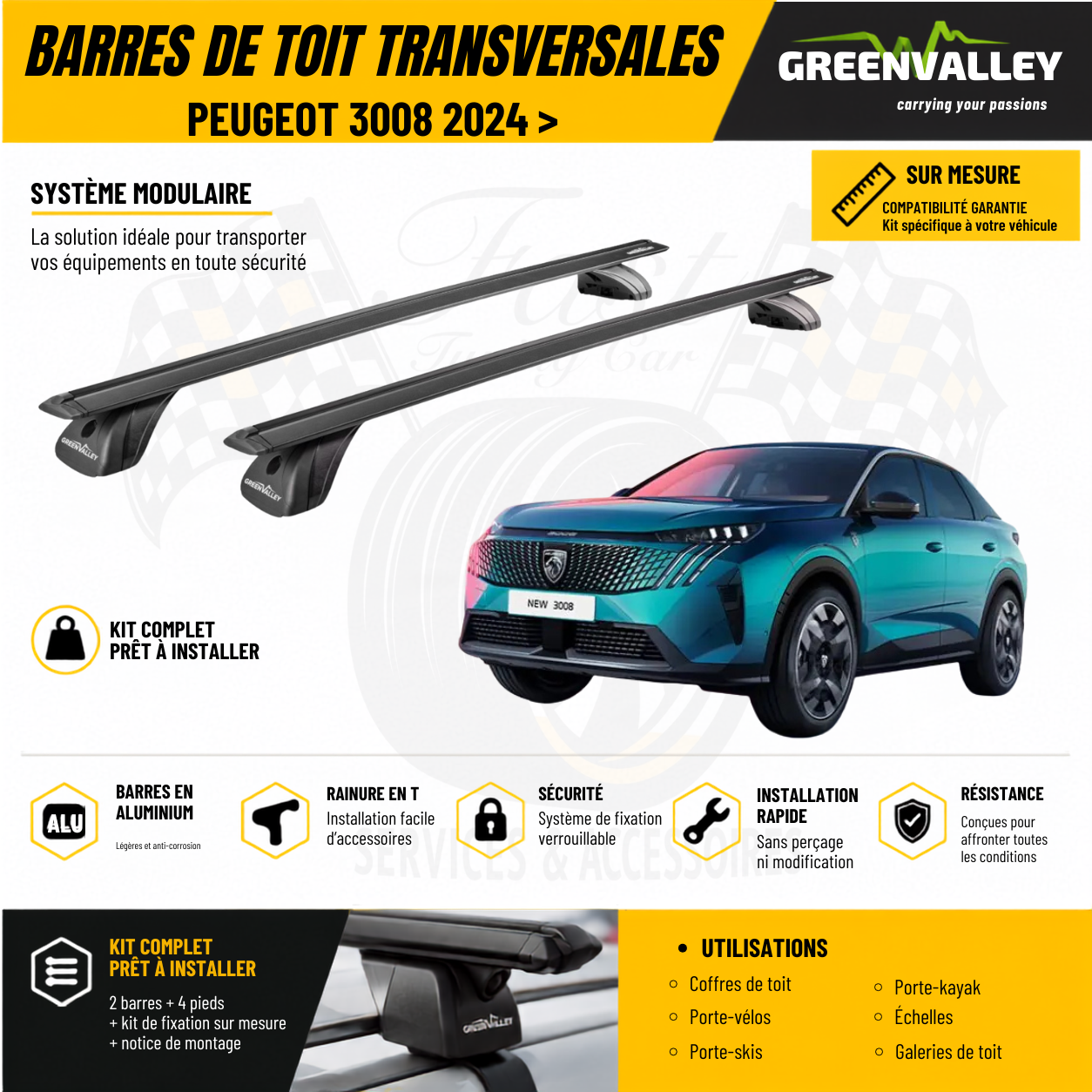 Barres de toit transversales Green Valley noir pour Peugeot 3008 2024 >