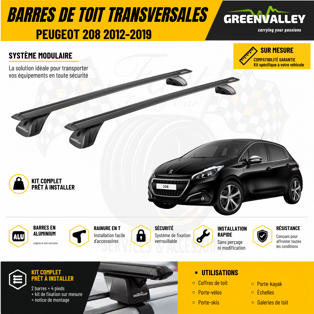 Barres de toit transversales Green Valley noir pour Peugeot 208 2012-2019