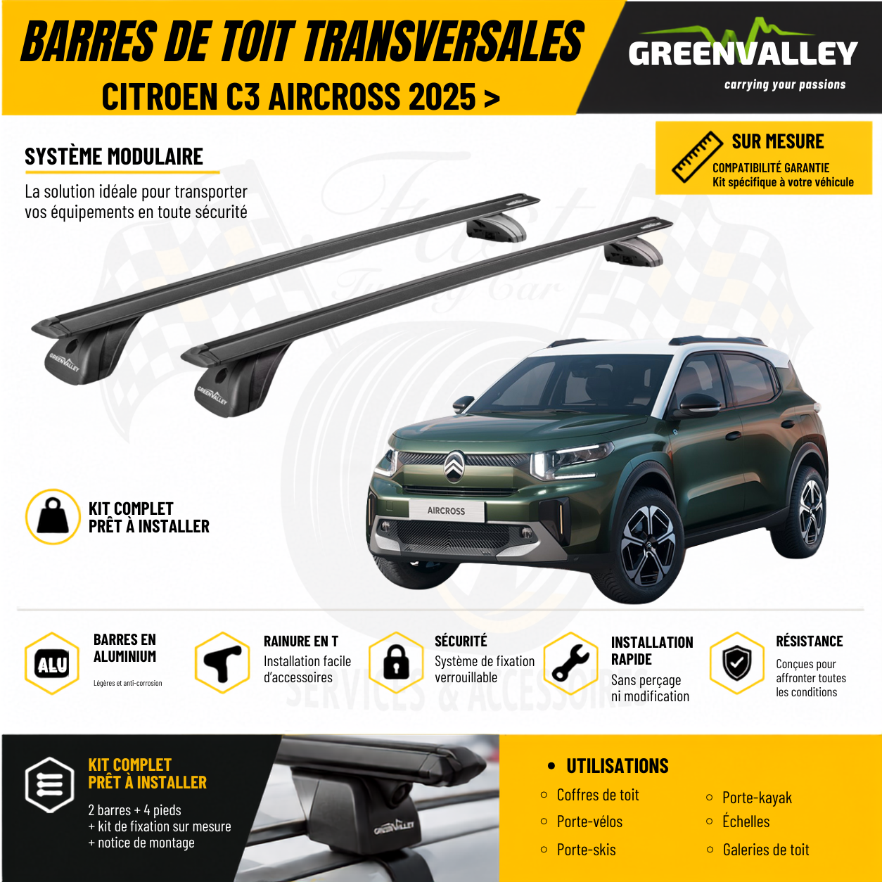 Barres de toit transversales Green Valley noir pour Citroën C3 Aircross 2025 >