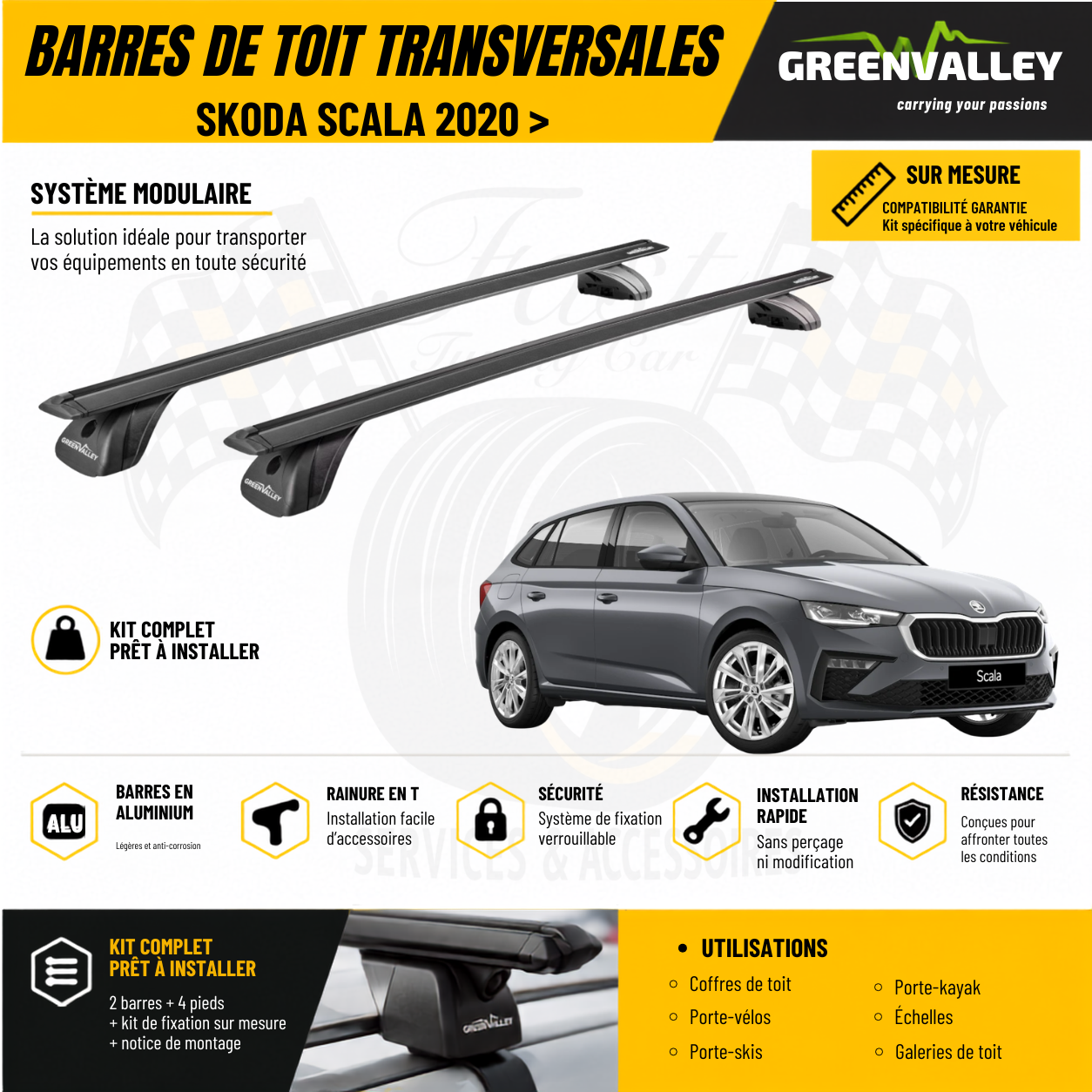 Barres de toit transversales Green Valley noir pour Skoda Scala 2020 >