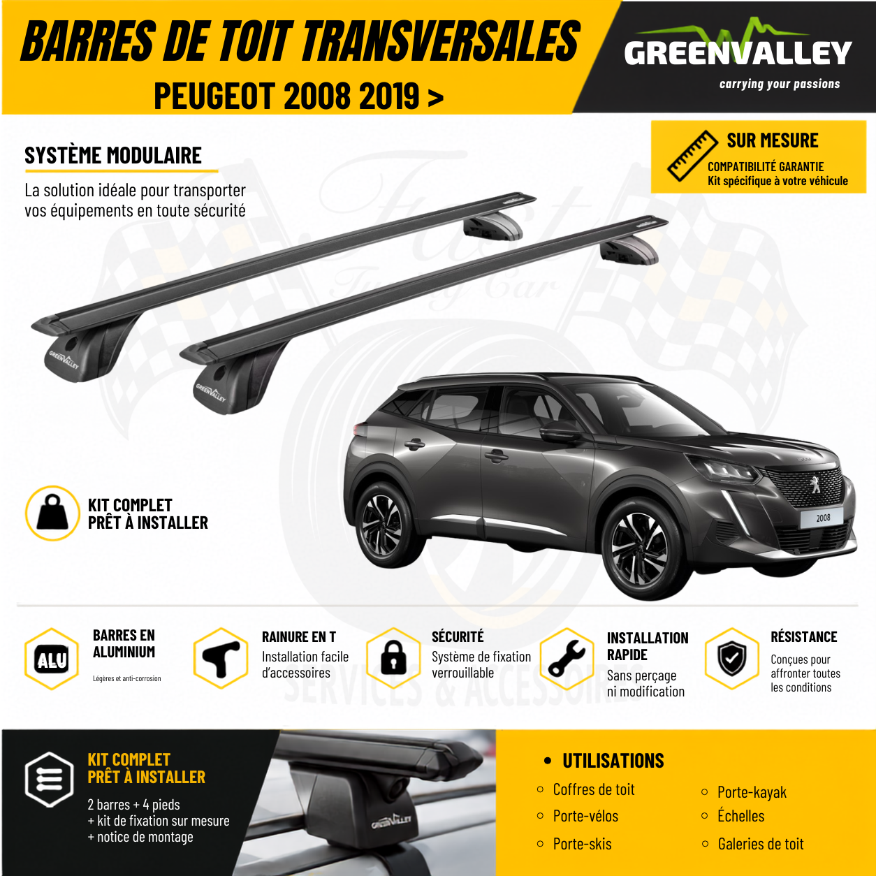Barres de toit transversales Green Valley noir pour Peugeot 2008 2019 >