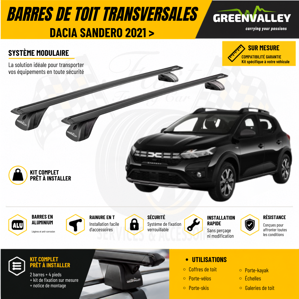 Barres de toit transversales Green Valley noir pour Dacia Sandero 2021 >