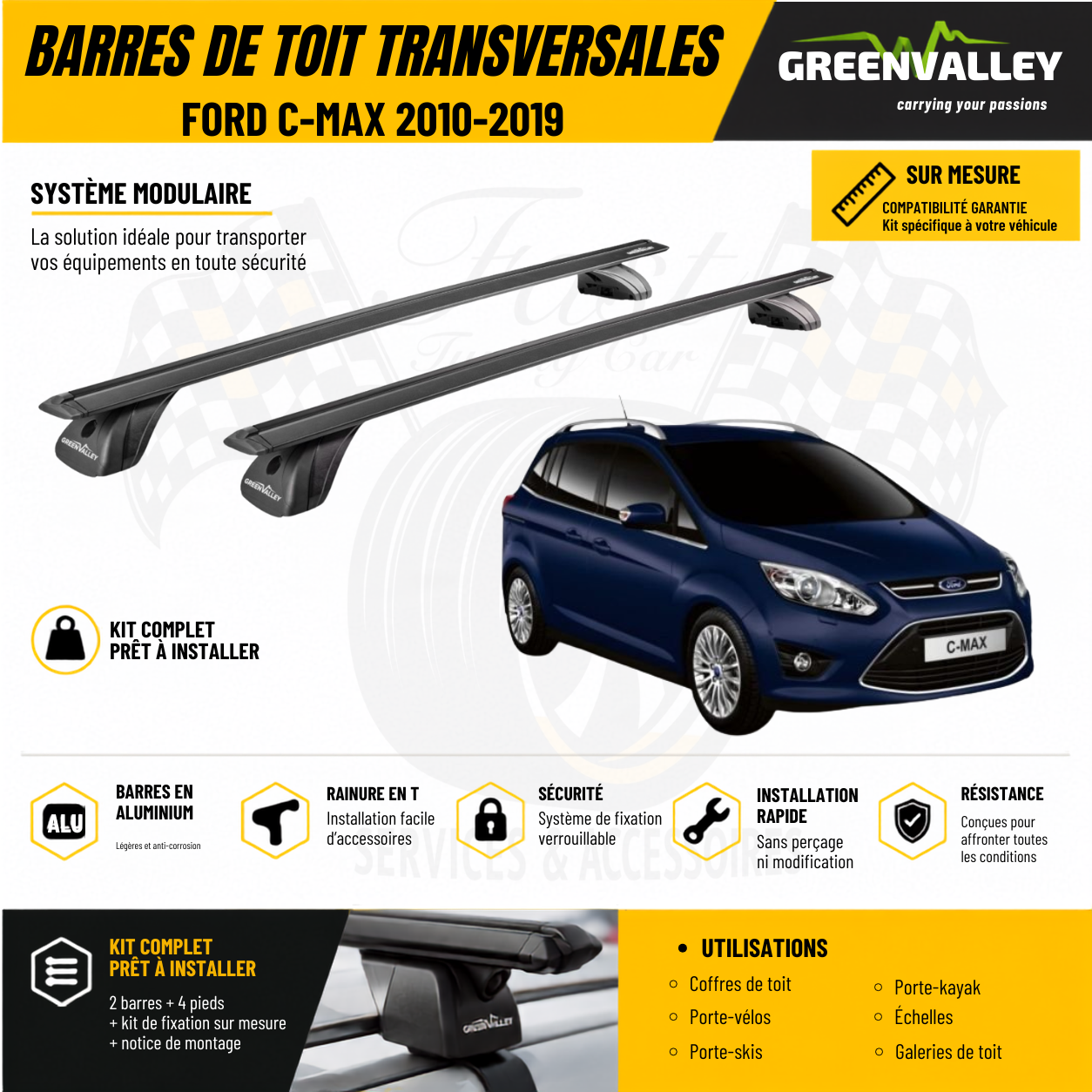 Barres de toit transversales Green Valley noir pour Ford C-MAX 2010-2019