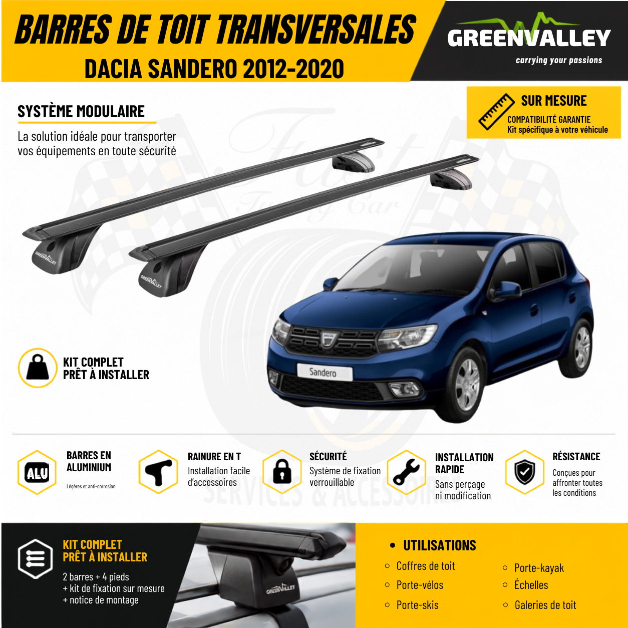 Barres de toit transversales Green Valley noir pour Dacia Sandero 2012-2020