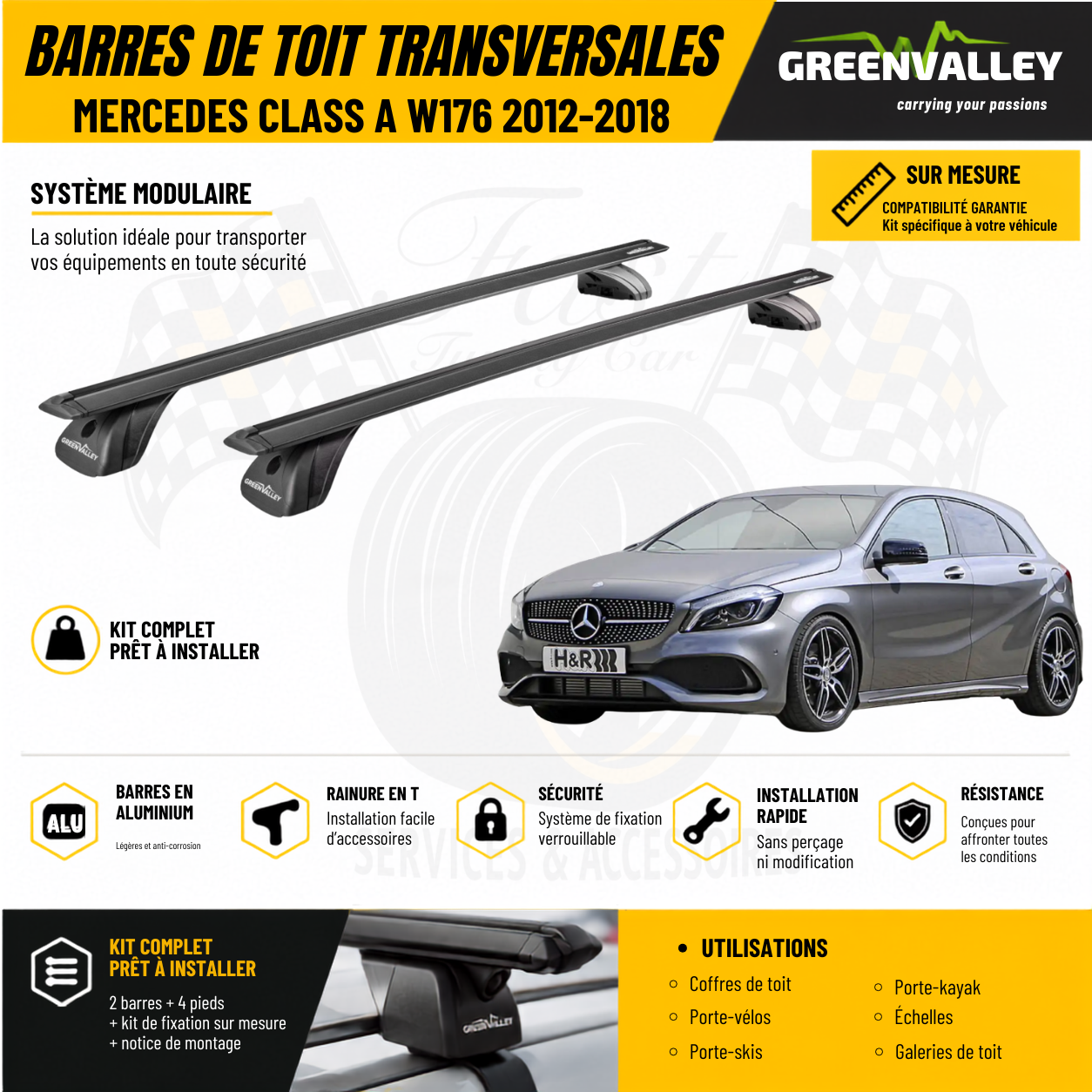 Barres de toit transversales Green Valley noir pour Mercedes Class A W176 2012-2018