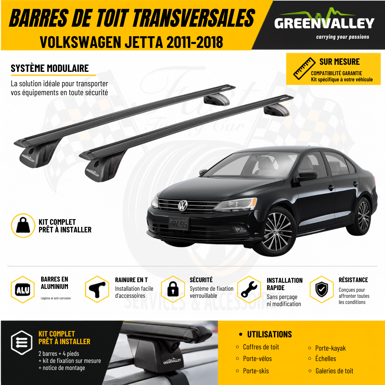 Barres de toit transversales Green Valley noir pour Volkswagen Jetta 2011-2018