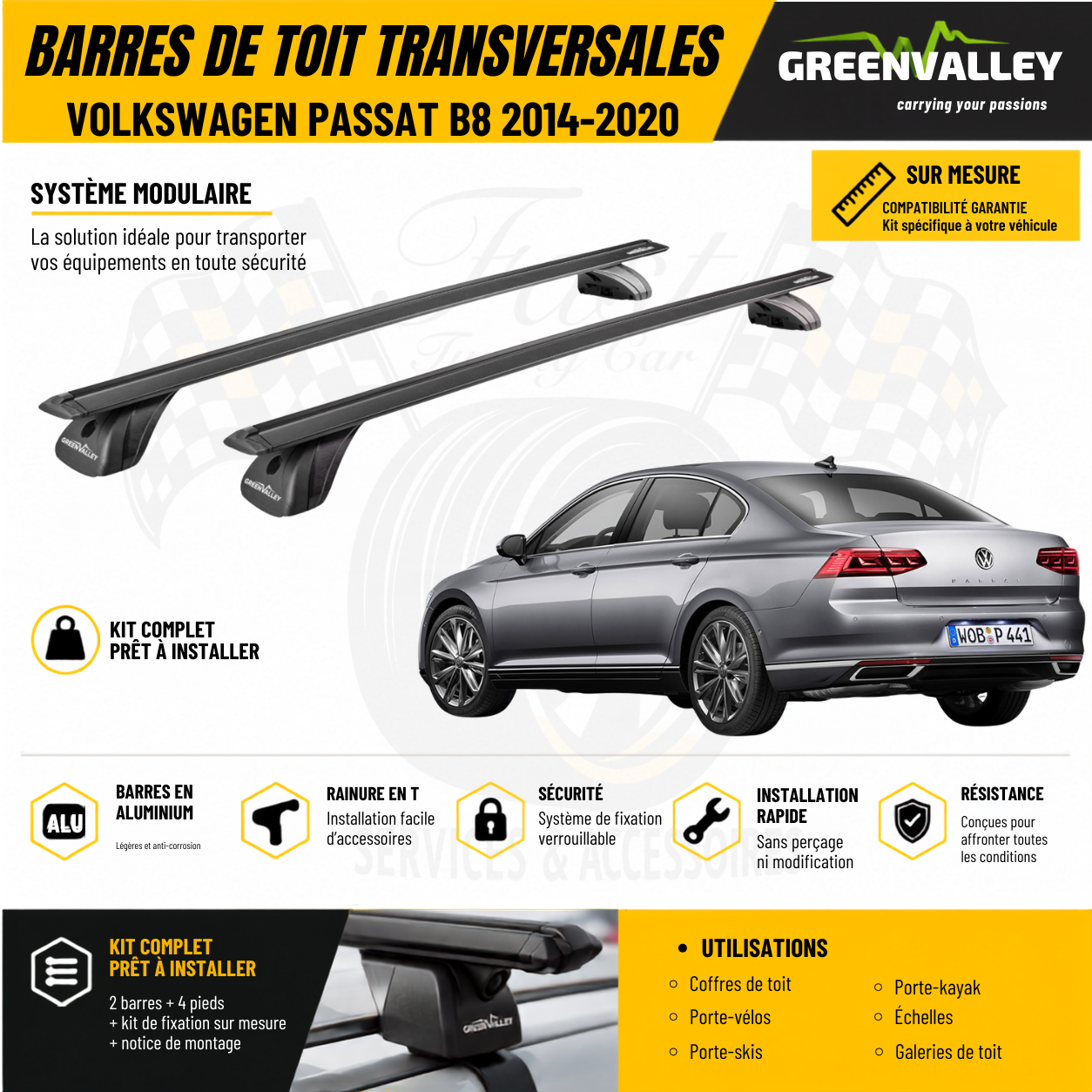 Barres de toit transversales Green Valley noir pour Volkswagen Passat B8 2014-2020