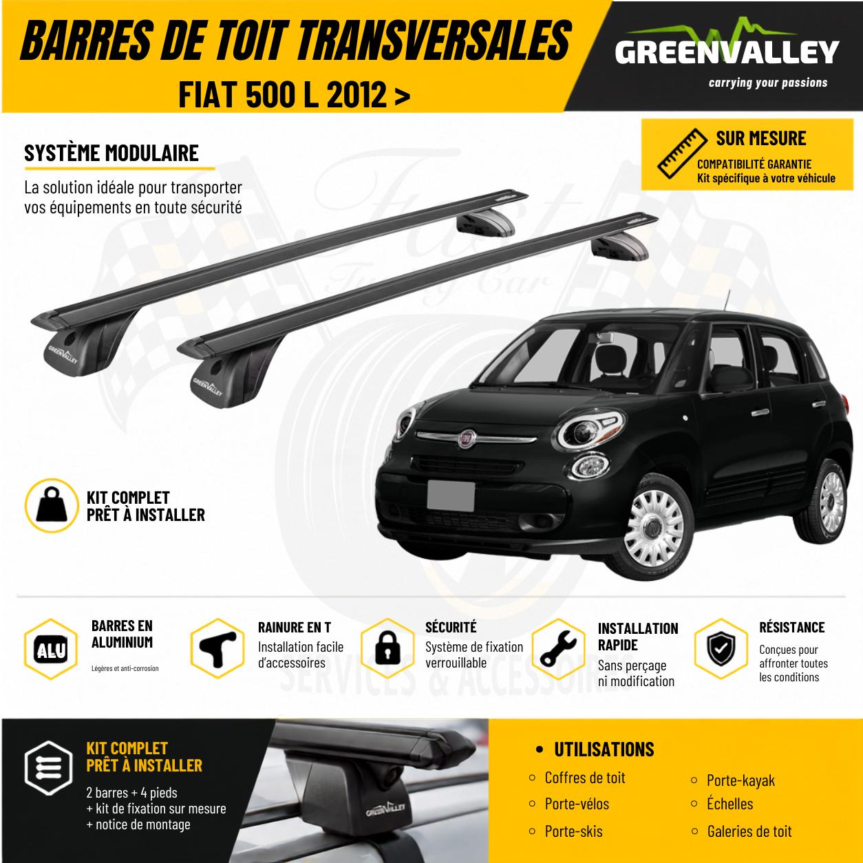 Barres de toit transversales Green Valley noir pour Fiat 500 L 2012 >