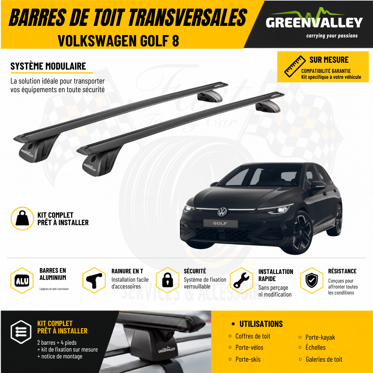 Barres de toit transversales Green Valley noir pour Volkswagen Golf 8