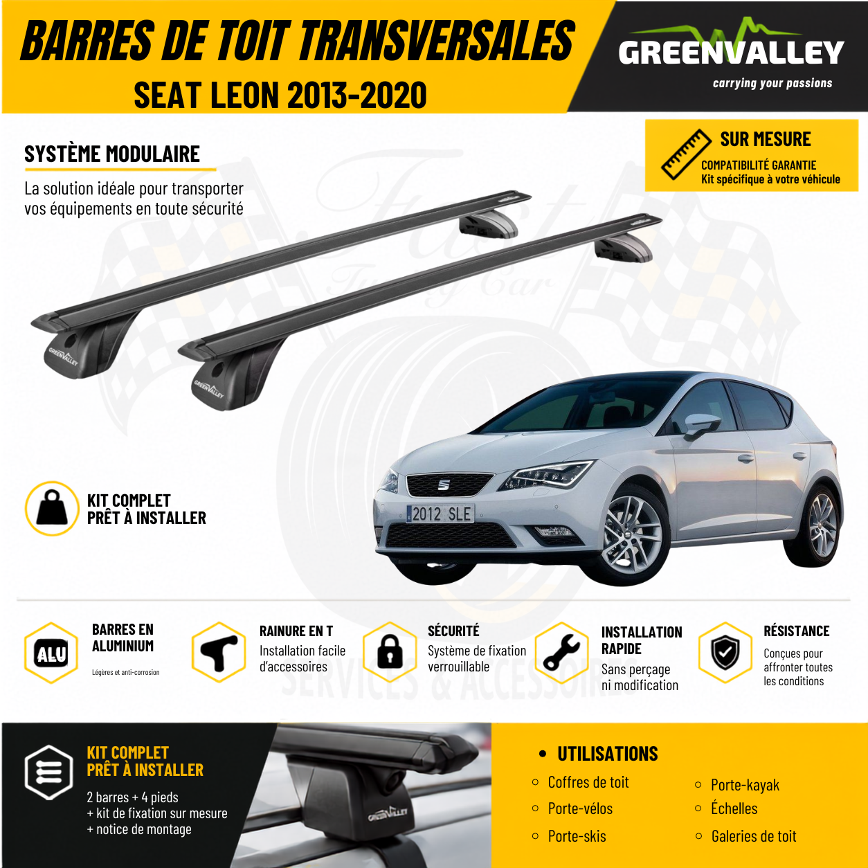 Barres de toit transversales Green Valley noir pour Seat Leon 2013-2020