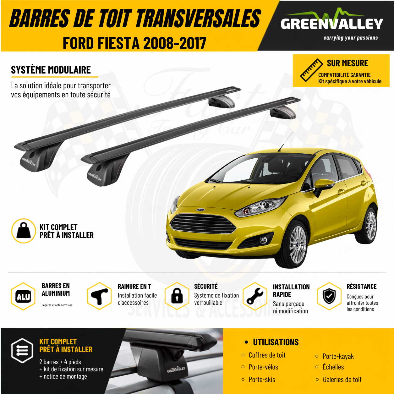 Barres de toit transversales Green Valley noir pour Ford Fiesta 2008-2017