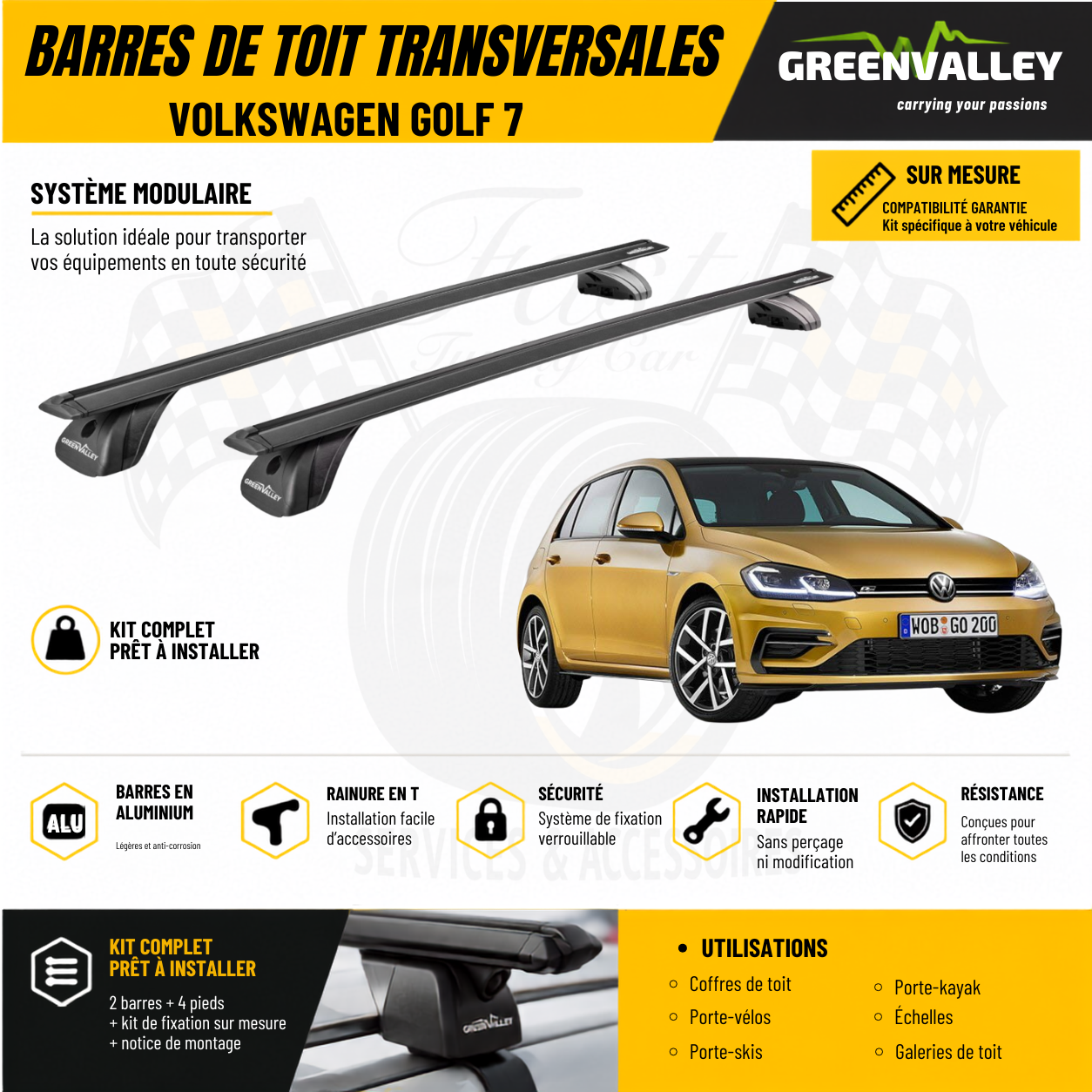 Barres de toit transversales Green Valley noir pour Volkswagen Golf 7