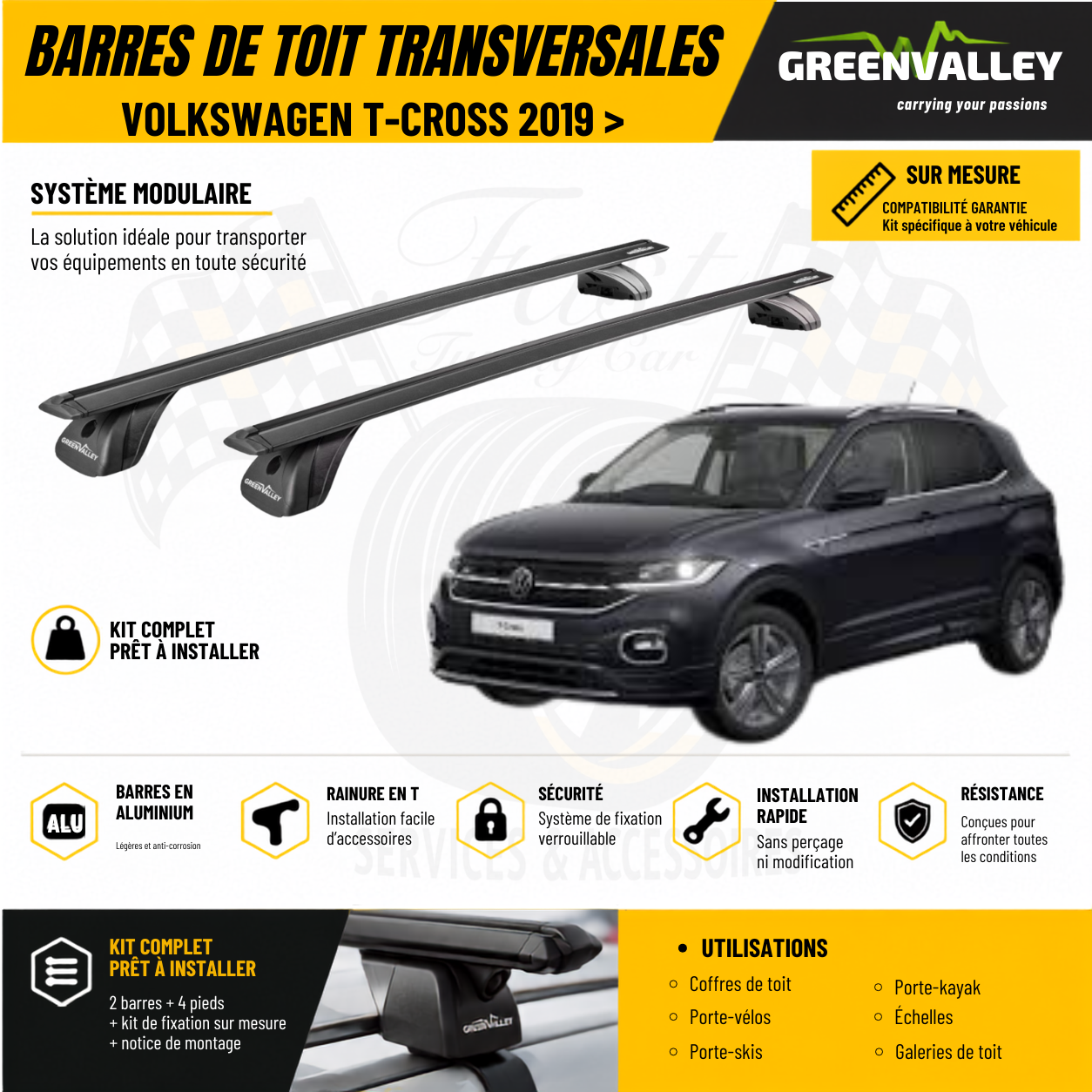 Barres de toit transversales Green Valley noir pour Volkswagen T-CROSS 2019 >