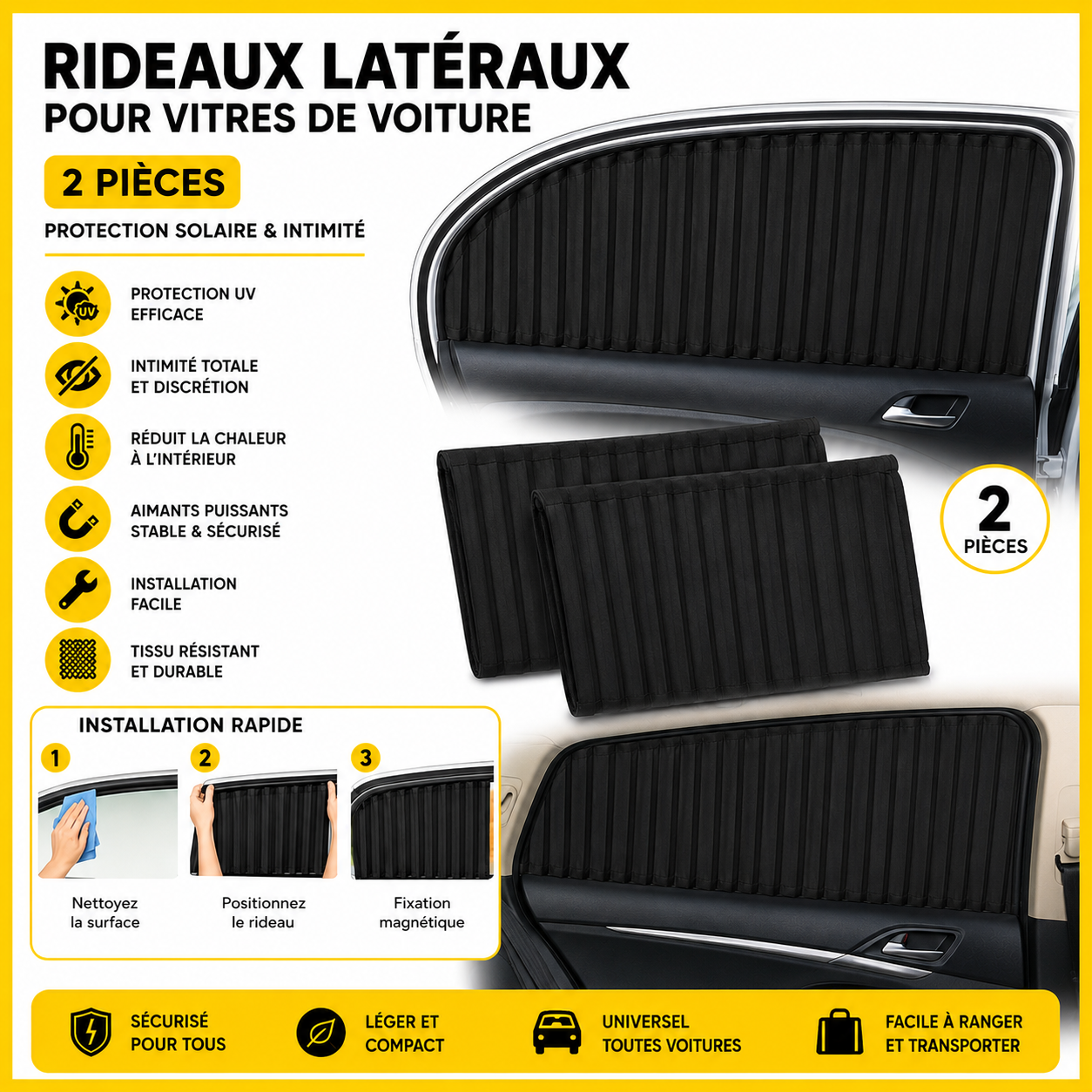 Rideaux Latéraux Magnétiques pour Voiture – 2 Pièces – Taille L (47 à 53 cm) – Protection Solaire UV