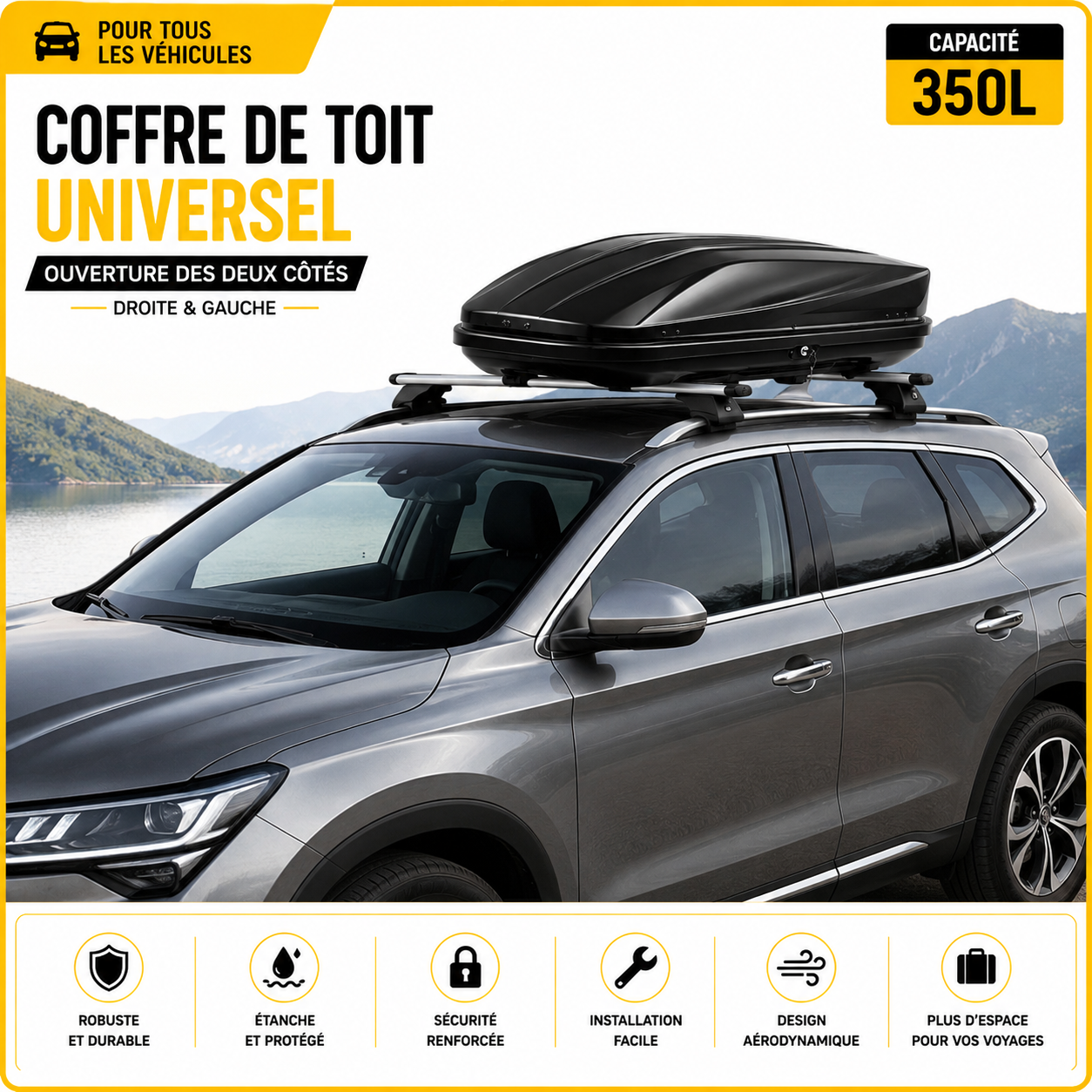 Coffre de toit universel 350L – Ouverture des deux côtés