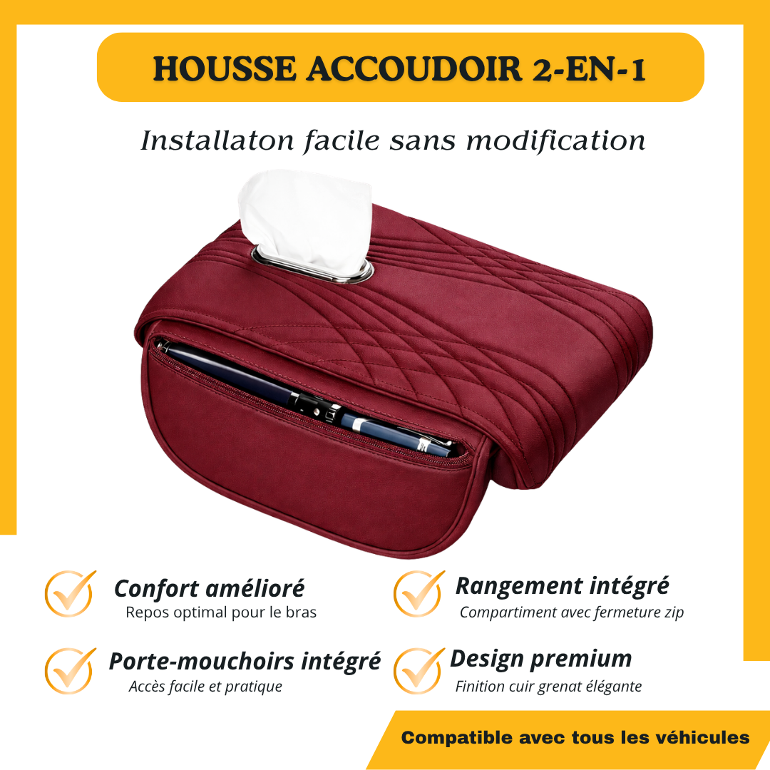 Housse Accoudoir Voiture 2-en-1 Universelle avec Porte Mouchoirs – Confort & Rangement