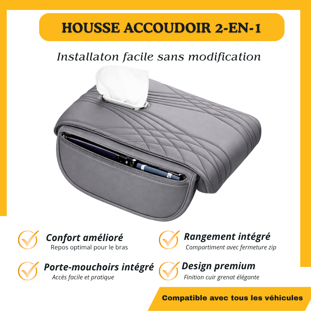 Housse Accoudoir Voiture 2-en-1 Universelle avec Porte Mouchoirs – Confort & Rangement
