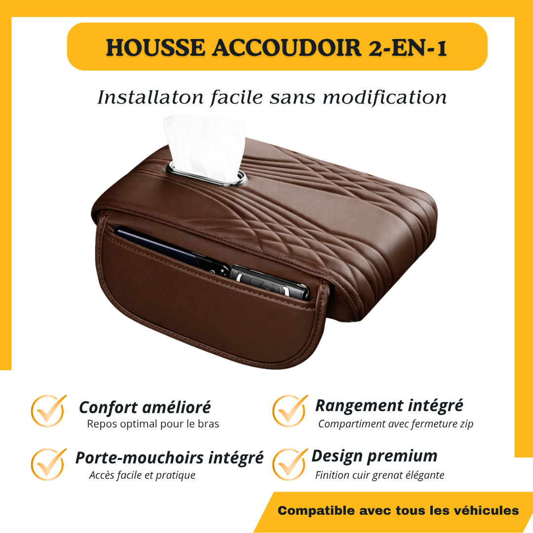 Housse Accoudoir Voiture 2-en-1 Universelle avec Porte Mouchoirs – Confort & Rangement