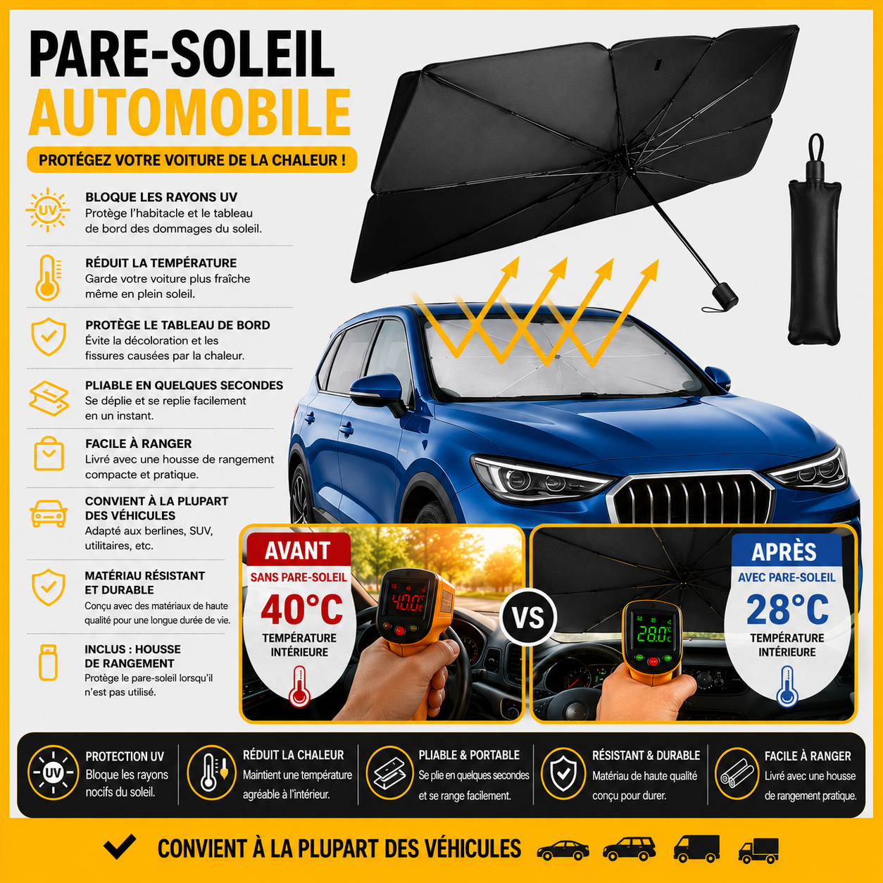 Pare-soleil Pliable Universel pour Pare-Brise – Style Parapluie