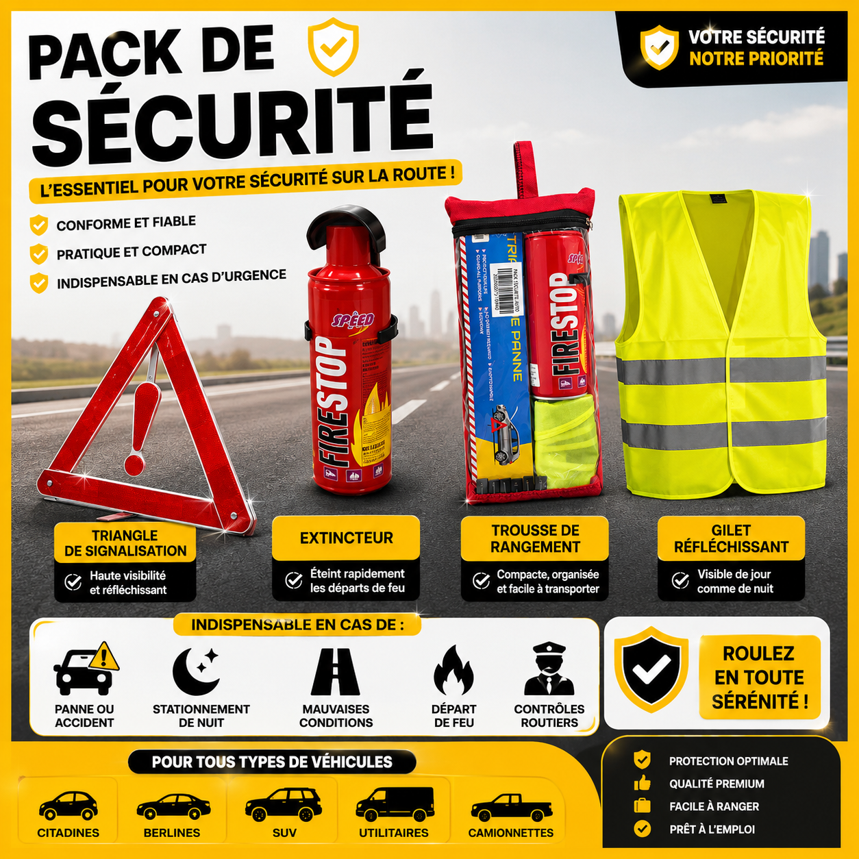 Pack de Sécurité Automobile 4 en 1 – Triangle, Extincteur, Gilet Réfléchissant et Trousse d’Urgence