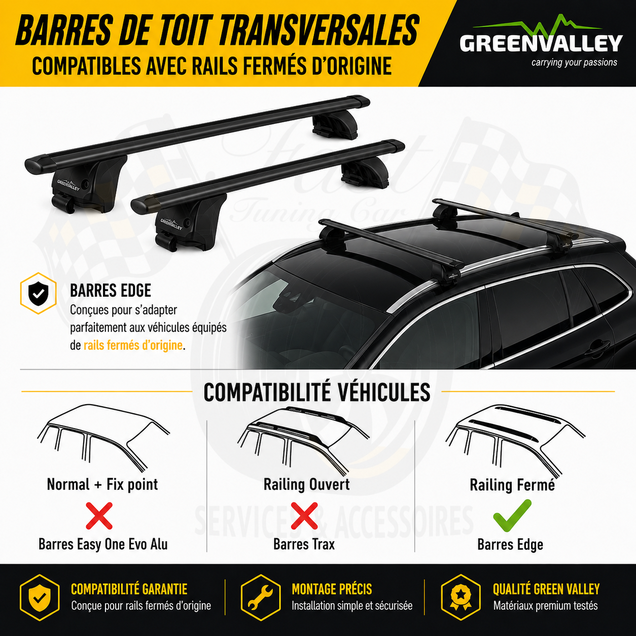 Barres de toit transversales Green Valley Edge noires pour véhicules avec rails fermés