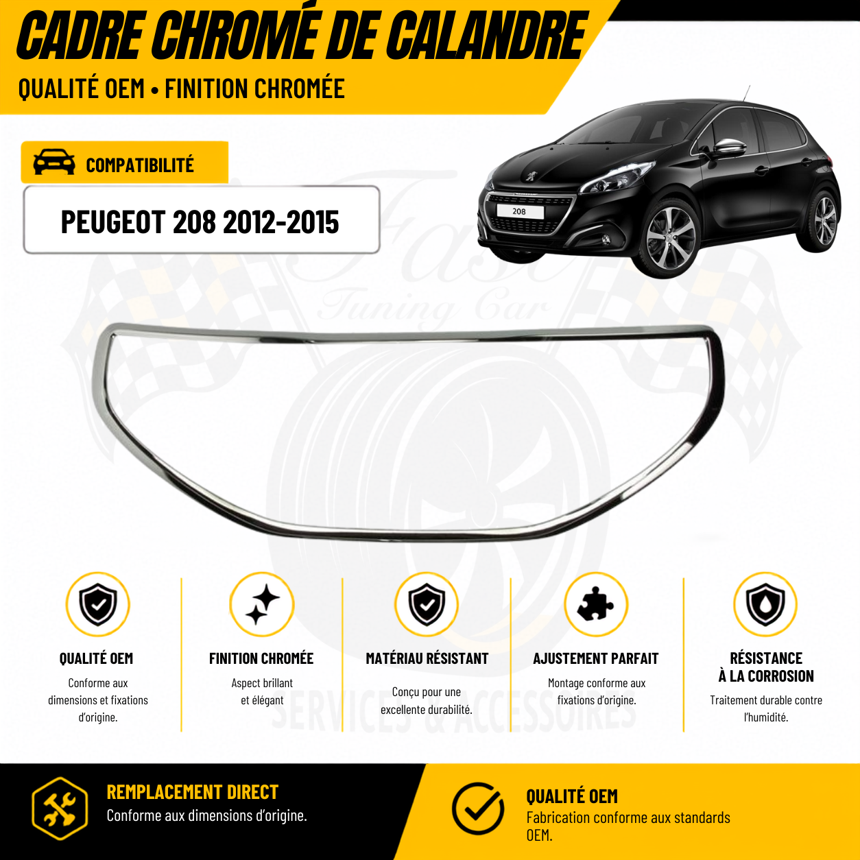 Grille calandre centrale pour peugeot 208 ph.1 2012-2015 contour chromé, pare chocs avant