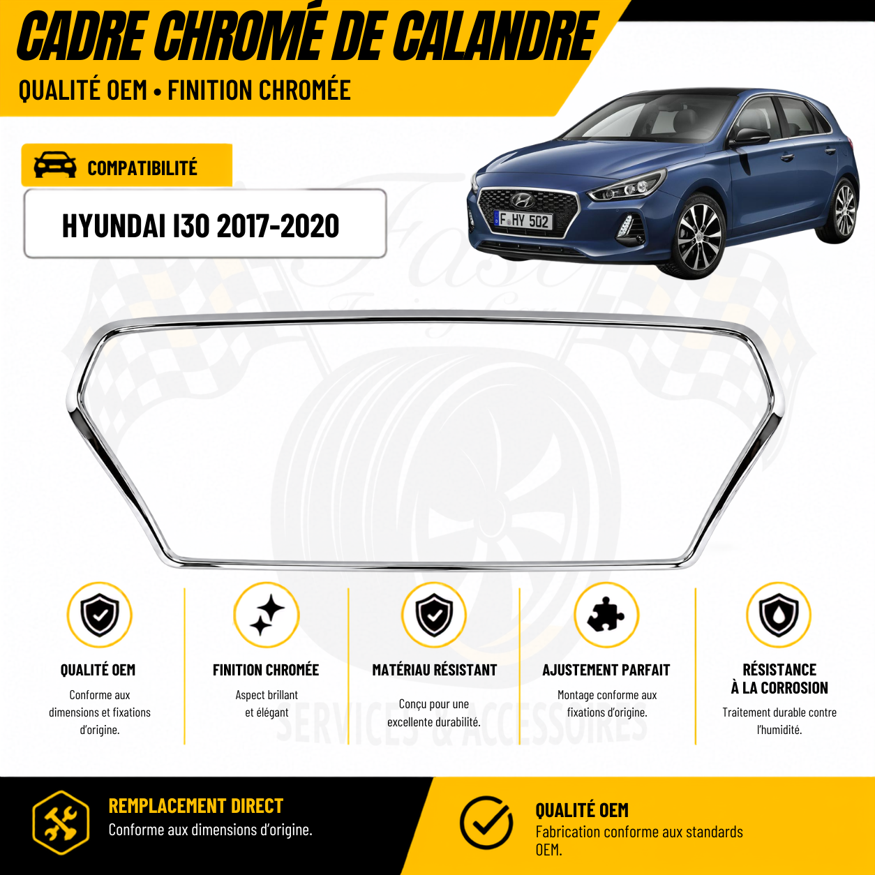 Cadre chromé de calandre avant pour Hyundai i30 2017–2020