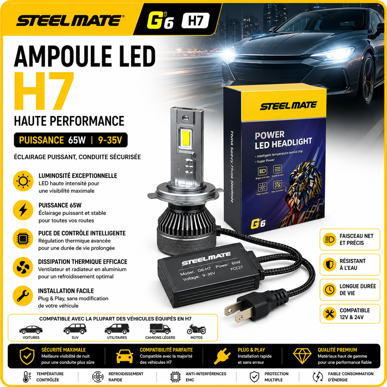 Kit ampoules LED Steelmate G6 H7 65W – 9-35V