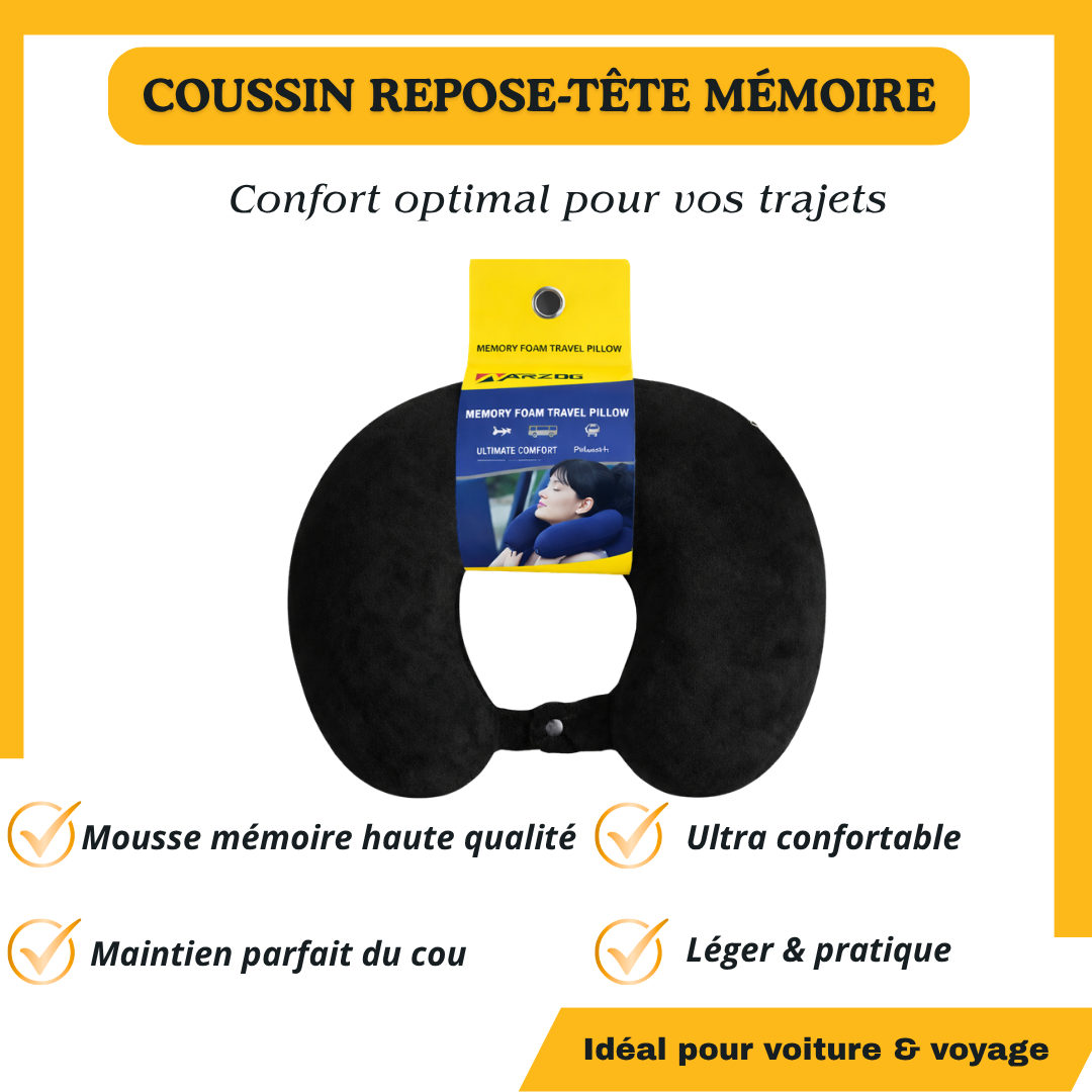 Coussin Repose-Tête Voiture Noir en Mousse Mémoire – Confort Voyage & Maintien du Cou