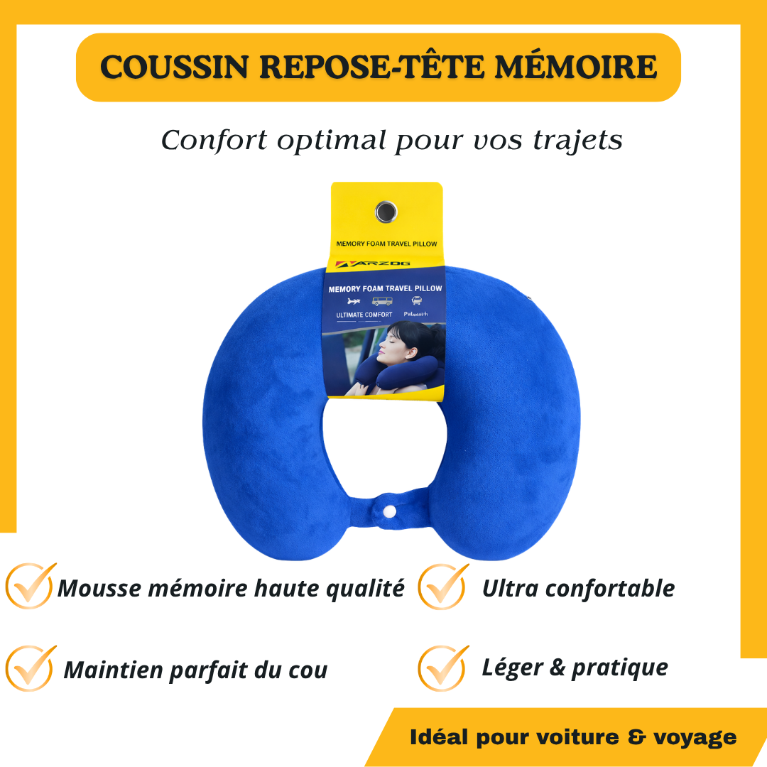 Coussin Repose-Tête Voiture bleu en Mousse Mémoire – Confort Voyage & Maintien du Cou