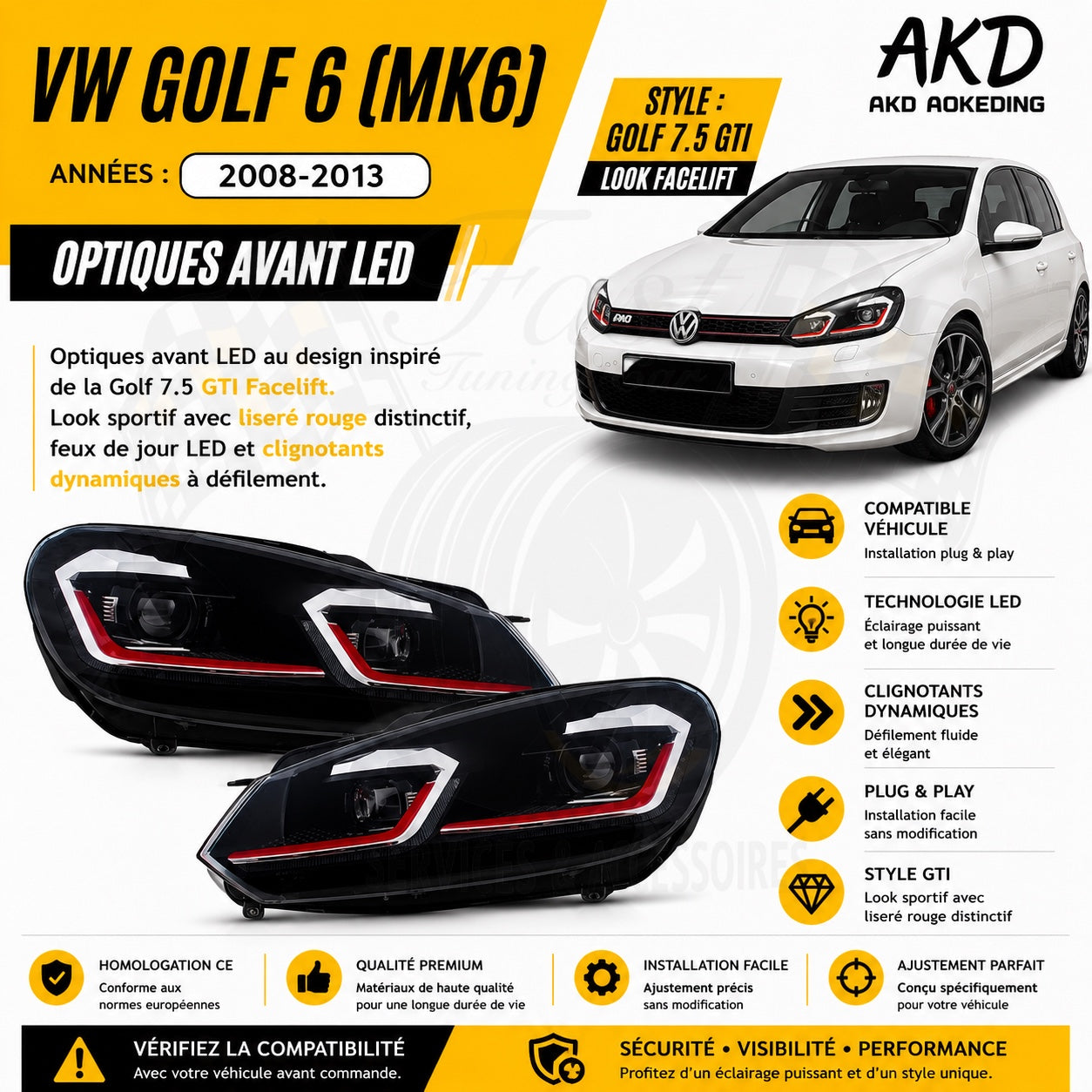Optiques avant LED AKD style Golf 7.5 GTI pour Volkswagen Golf 6 2008-2013