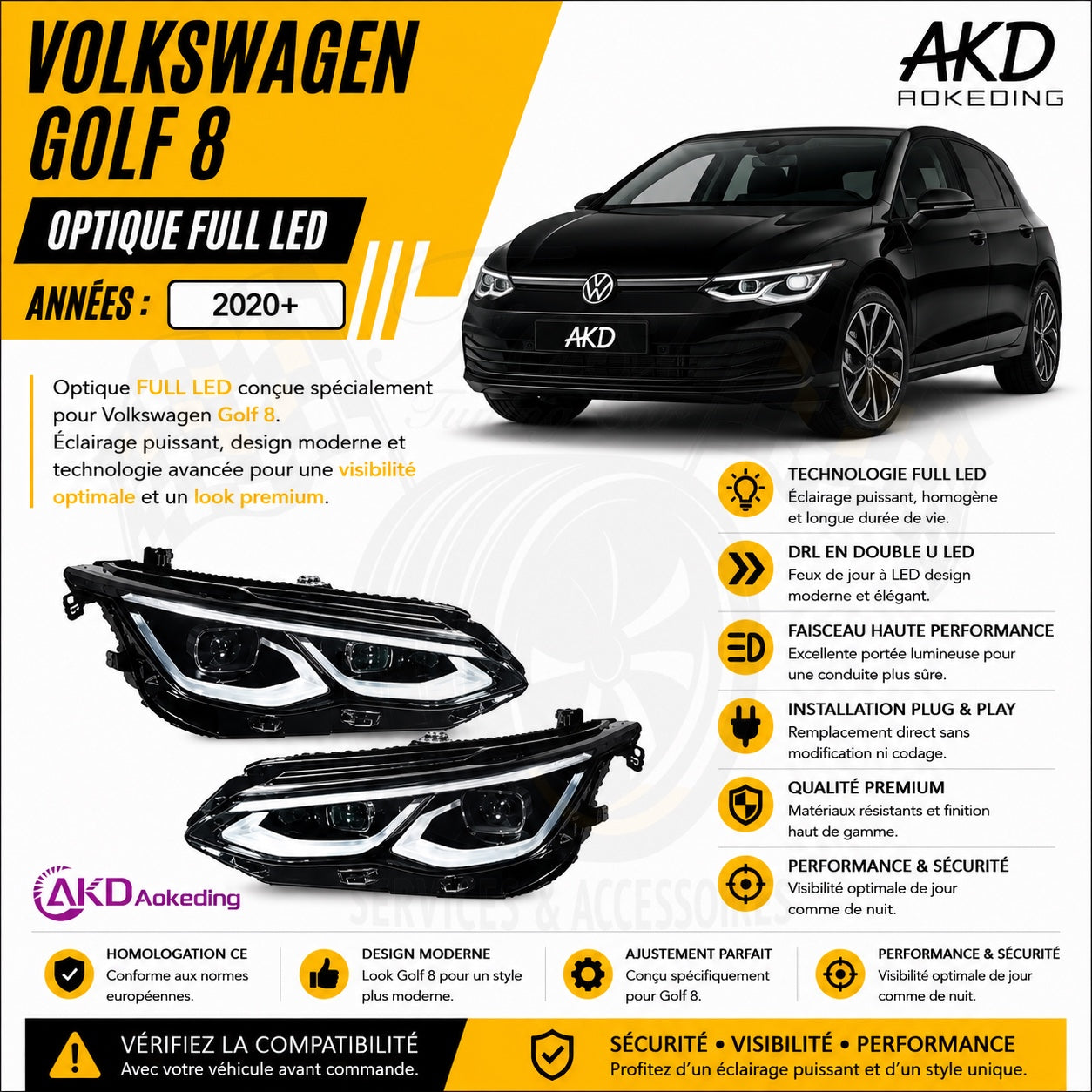 Optiques avant Full LED AKD pour Volkswagen Golf 8 2020+