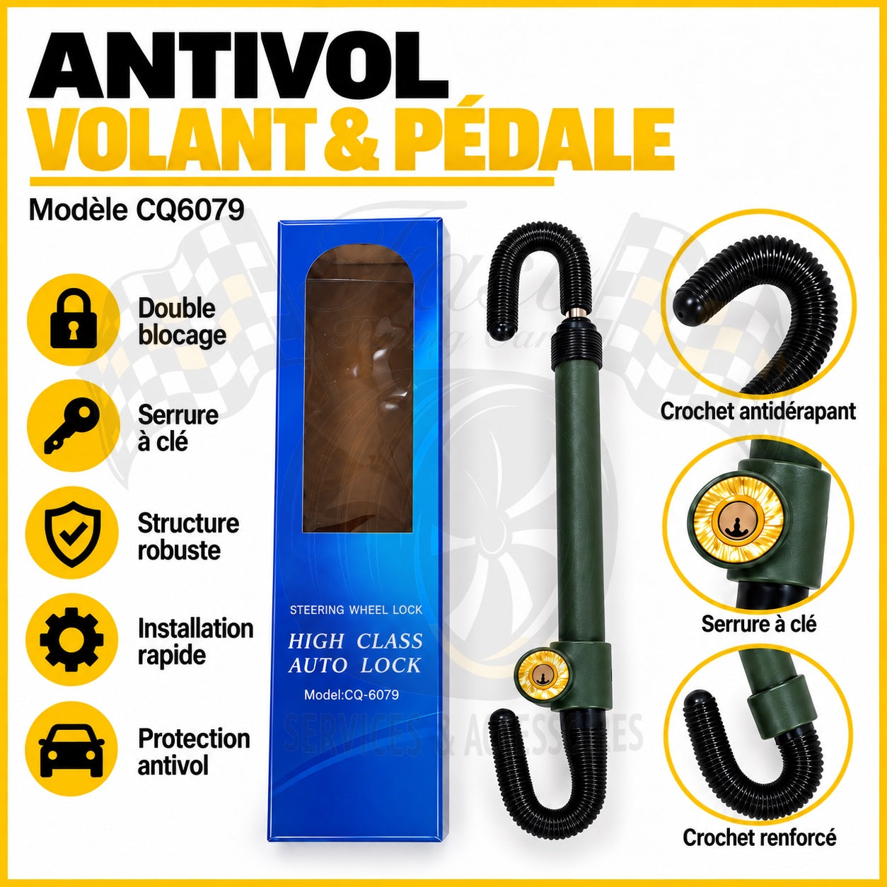 Antivol volant et pédale CQ6079 vert et noir avec serrure à clé