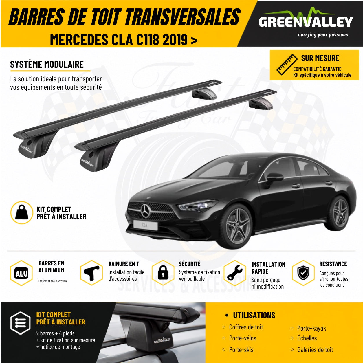 Barres de toit transversales Green Valley pour Mercedes CLA C118 2019 et plus