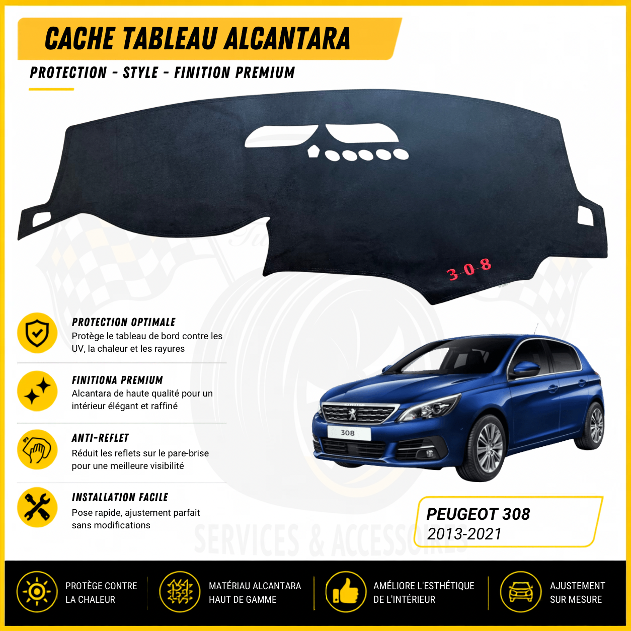 Cache tableau de bord Alcantara sur mesure Peugeot 308 2013-2021