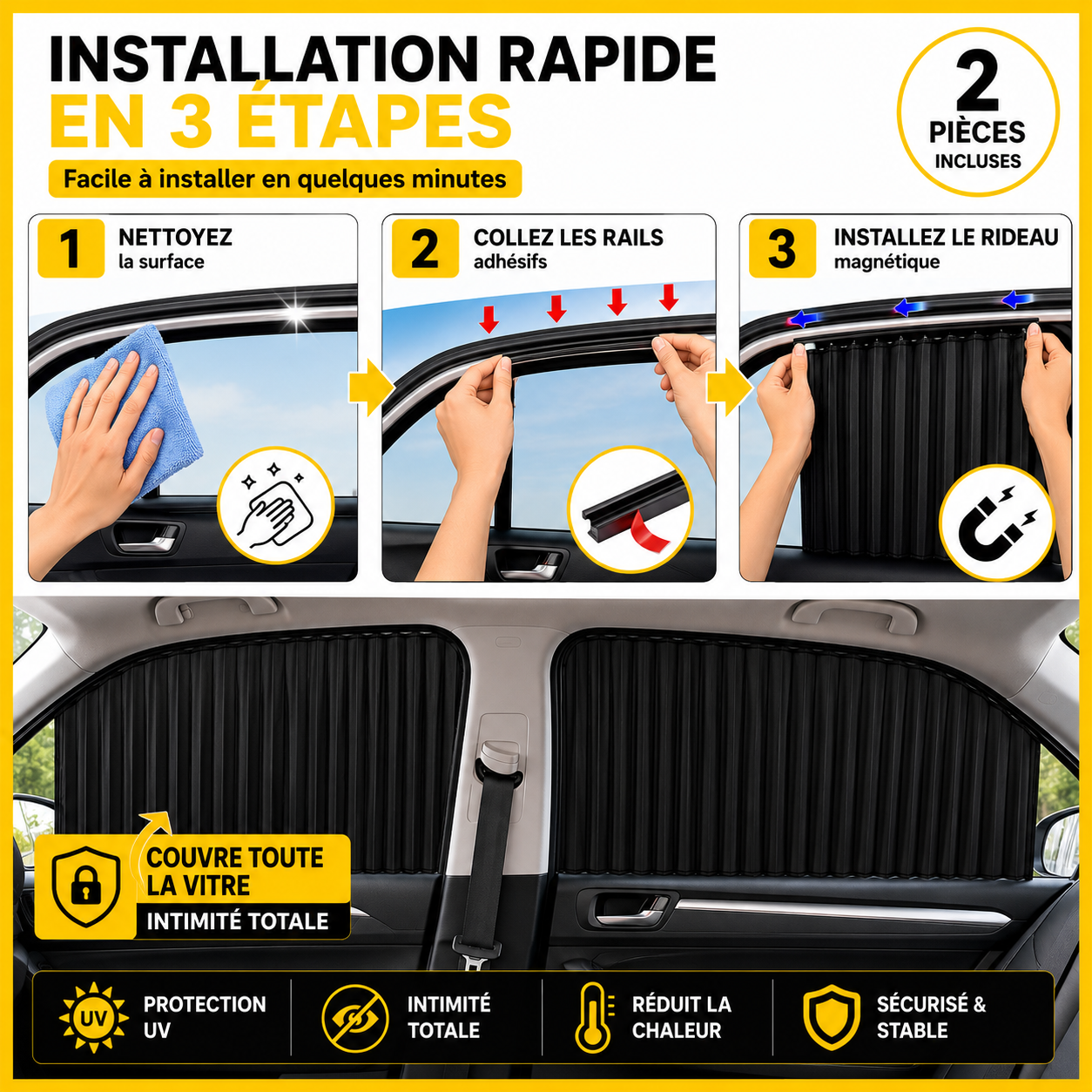 Rideaux Latéraux Magnétiques pour Voiture – 2 Pièces – Taille L (47 à 53 cm) – Protection Solaire UV