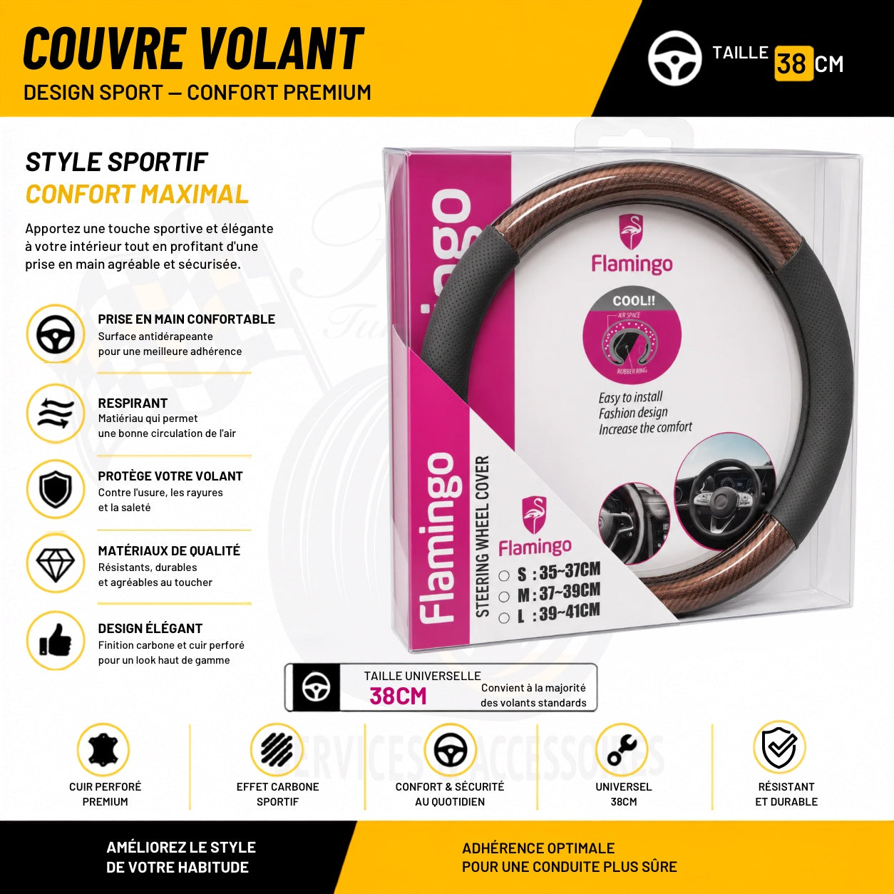 Couvre volant Flamingo effet bois foncé 38 cm