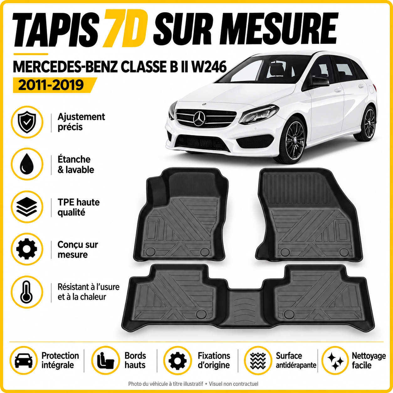 Tapis 7D sur mesure Mercedes-Benz Classe B II W246 2011-2019