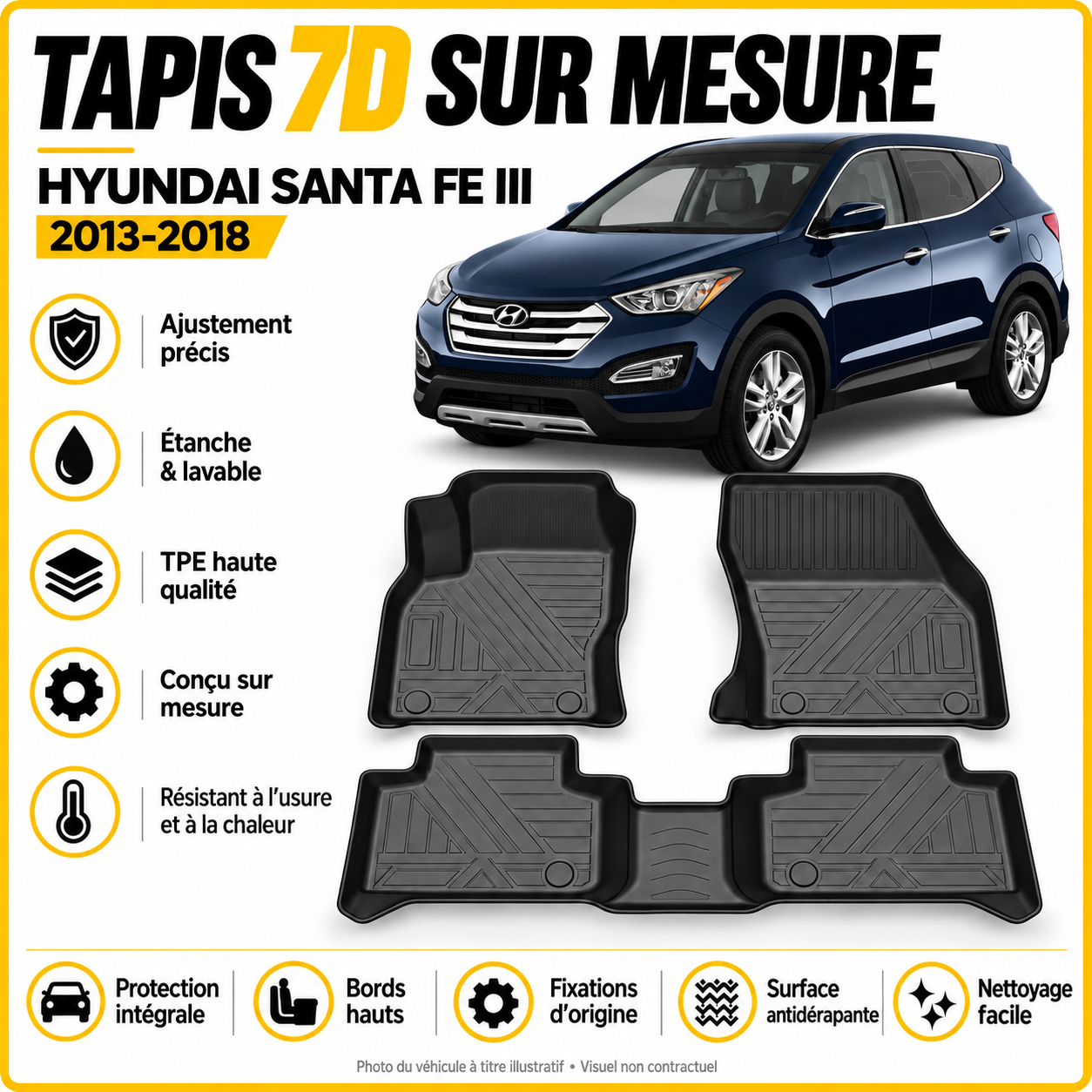 Tapis 7D sur mesure Hyundai Santa Fe III 2013-2018
