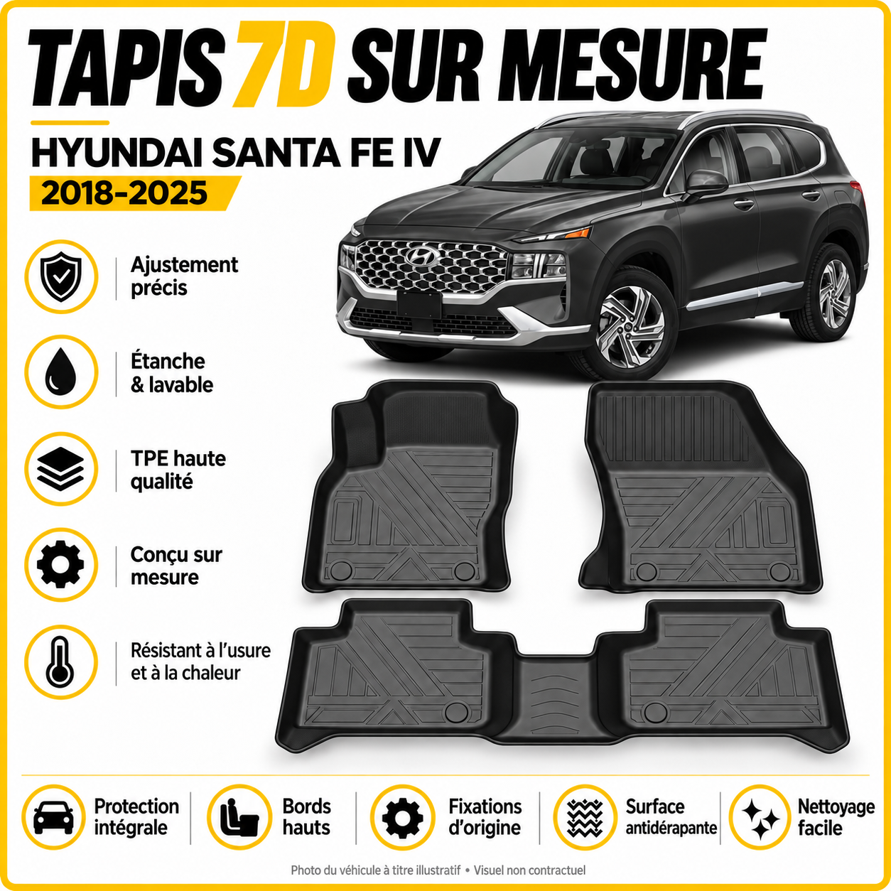 Tapis 7D sur mesure Hyundai Santa Fe IV 2018-2025