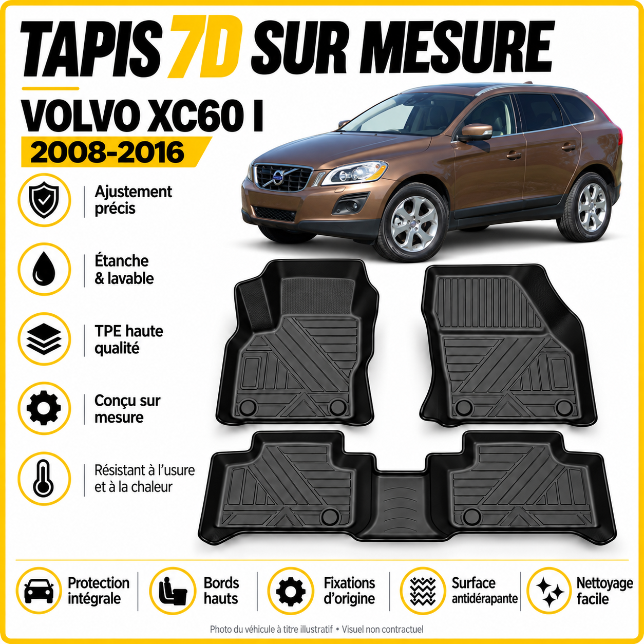 Tapis 7D sur mesure Volvo XC60 I 2008–2016