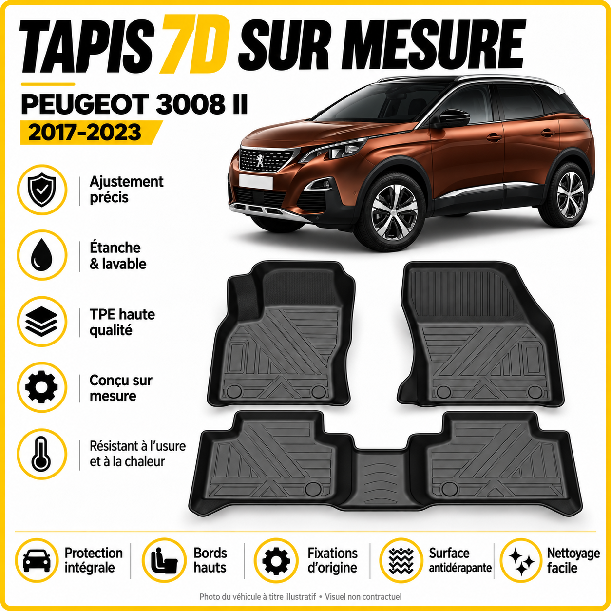 Tapis 7D sur mesure Peugeot 3008 II 2017-2023