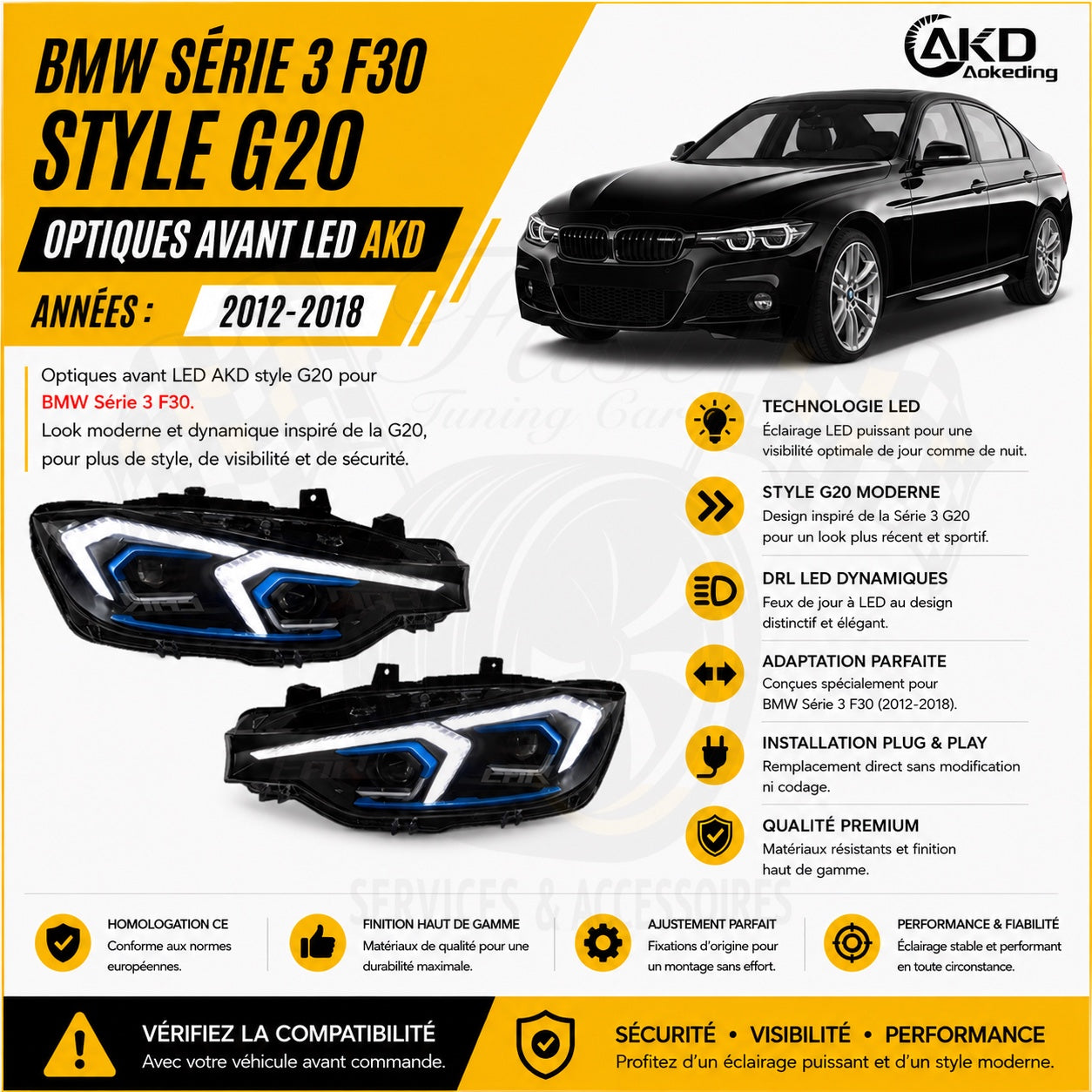 Optiques avant LED AKD style G20 BMW Série 3 F30 2012-2018